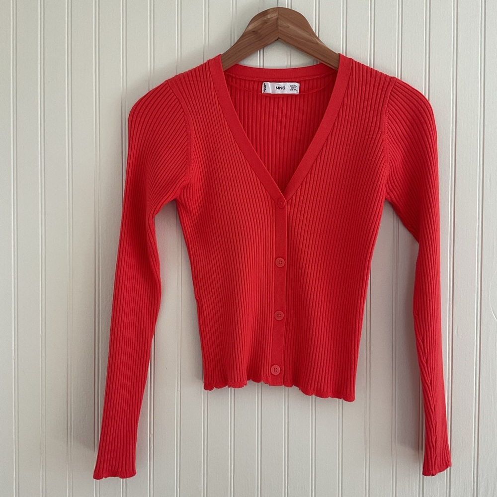 Mango Women's Red Ribbed V-Neck Button Cardigan